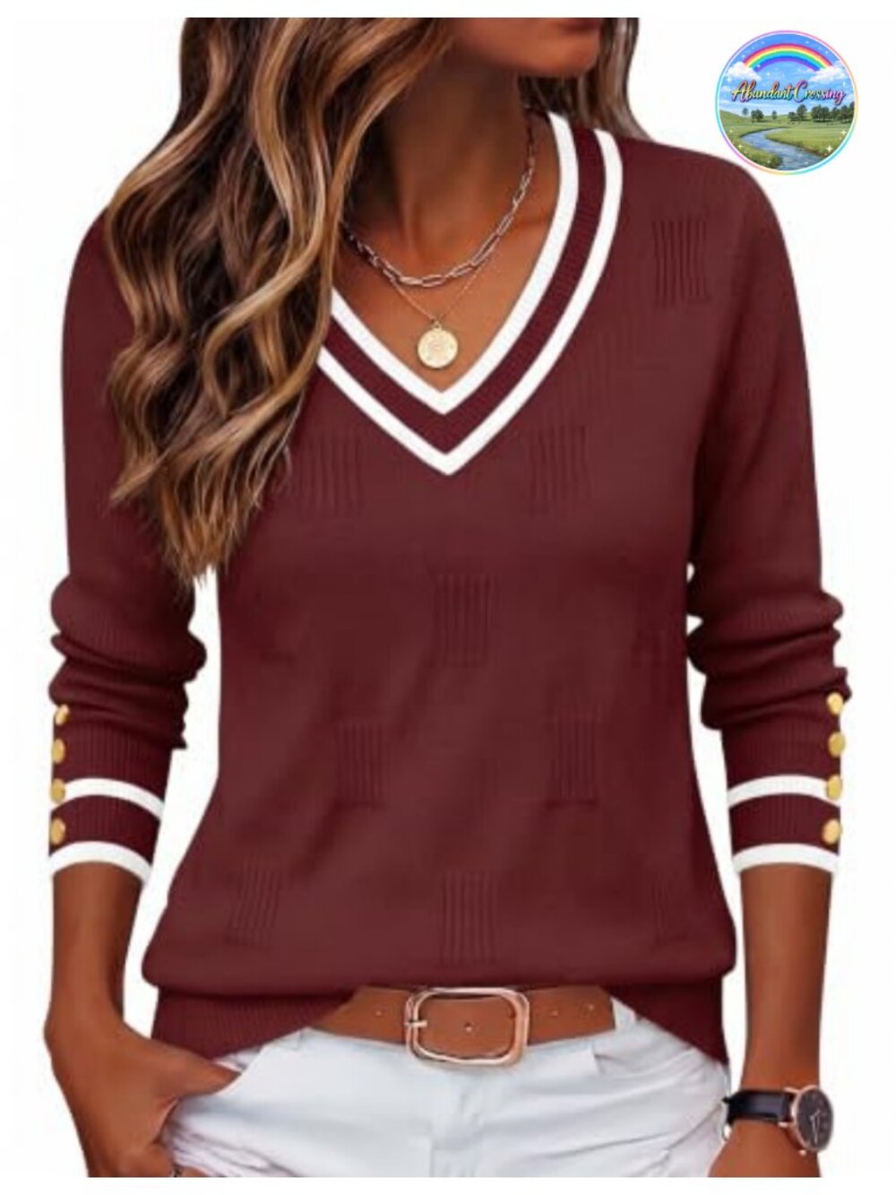 Women's V-Neck Pullover Sweater Long Sleeve Ribbed Knit Button Cuff Lightweight